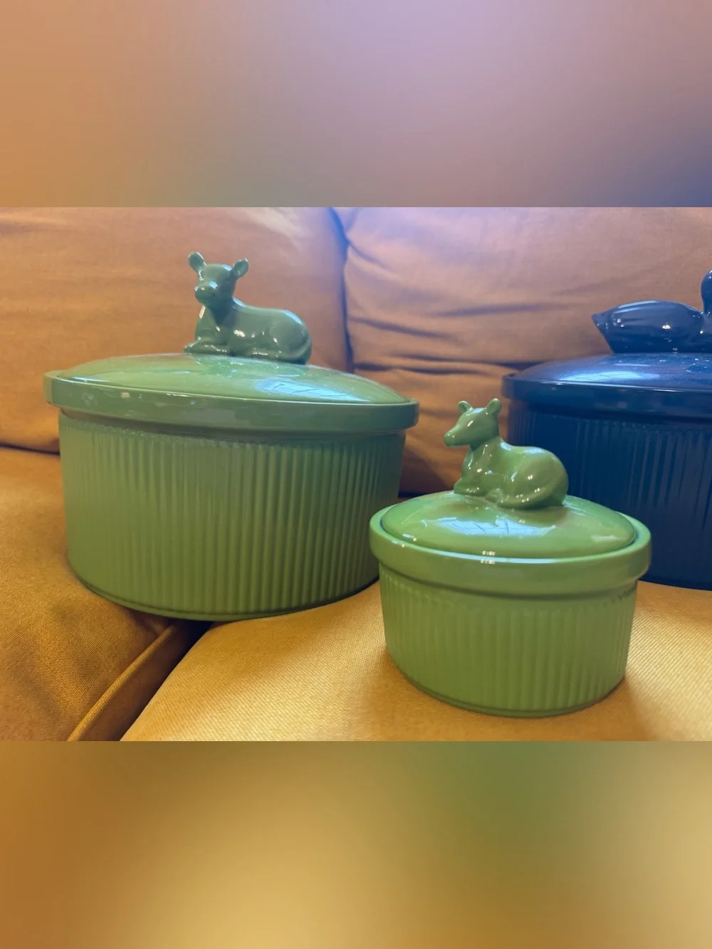 Rare Martha Stewart Collection Green Cow Navy Duck 9in 4in Casserole Dishes 4pc